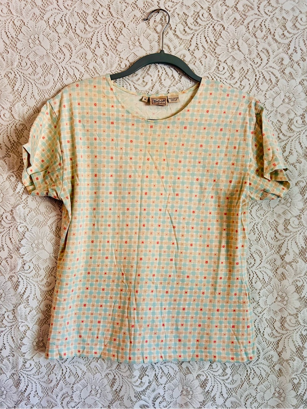 Vintage Woolrich Gingham Heart Floral Tee Shirt 100% Cotton Medium Cottagecore